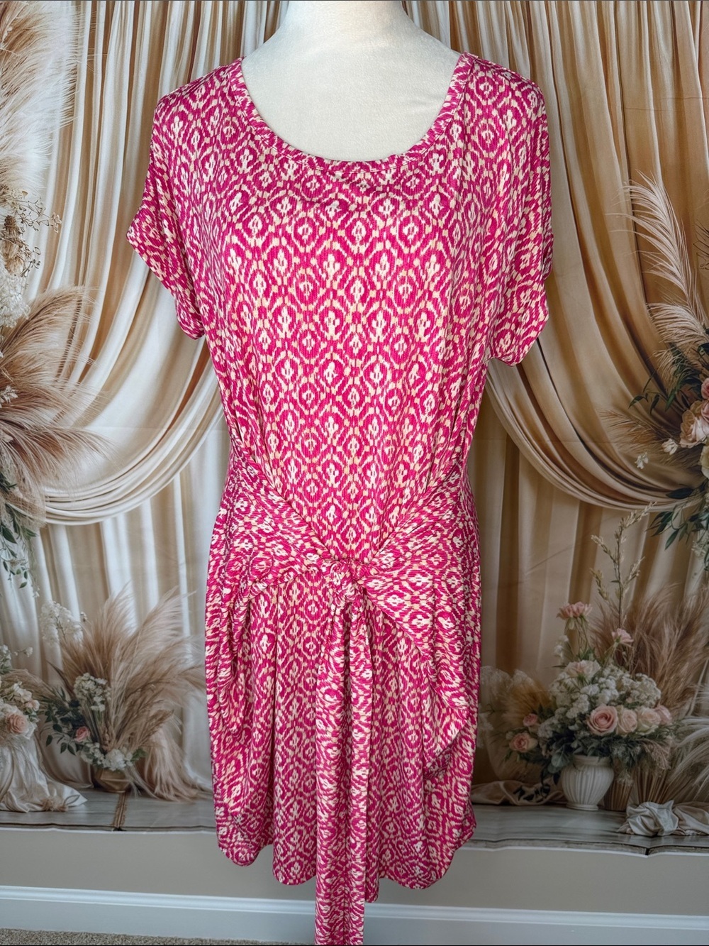 Michael Kors Pink White Ikat Tie-Front Midi Dress